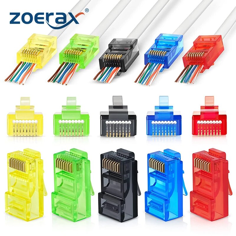 Connecteurs de passage RJ45 Cat6, 50 pièces, couleurs assorties EZ à sertir, prise modulaire pour câble réseau UTP solide ou toronné