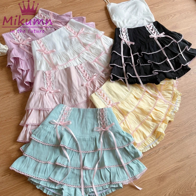 Mikumn Japanse Harajuku Meisjes Kawaii Kanten Geplooide Rokken Vrouwen Hoge Taille Strik Veters Fee Y Y 2K Esthetische Schattige Cake Mini Rokken