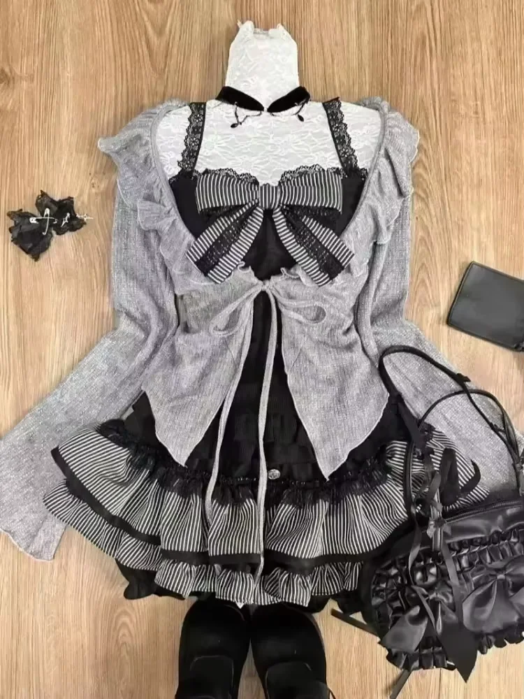 和菓子プレッピースタイルスカートセット女性かわいいレースパッチワークボウトップス + Y2k チェック柄ミニスカートエレガントな衣装 2 点セット