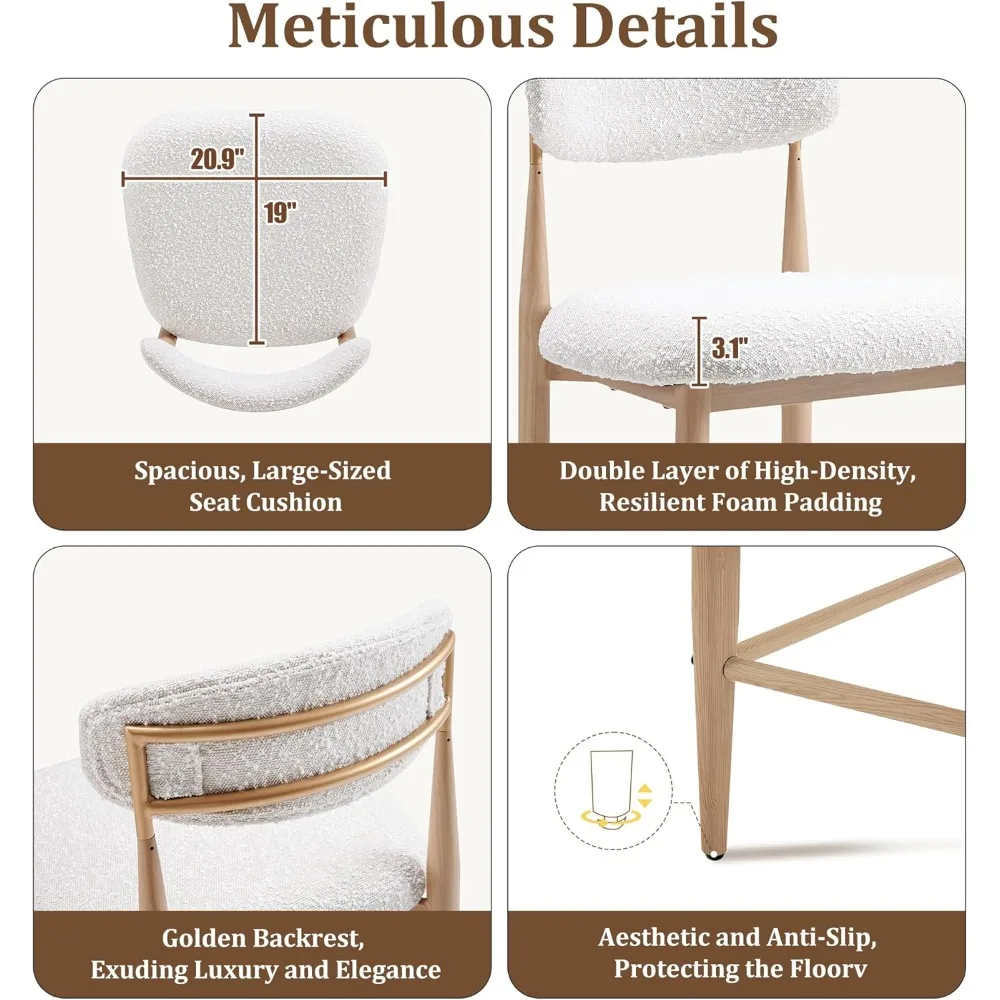 Set of 2 26''H Counter Stools – Boucle Upholstered with Gold Curved Design, Ideal for Kitchen Island