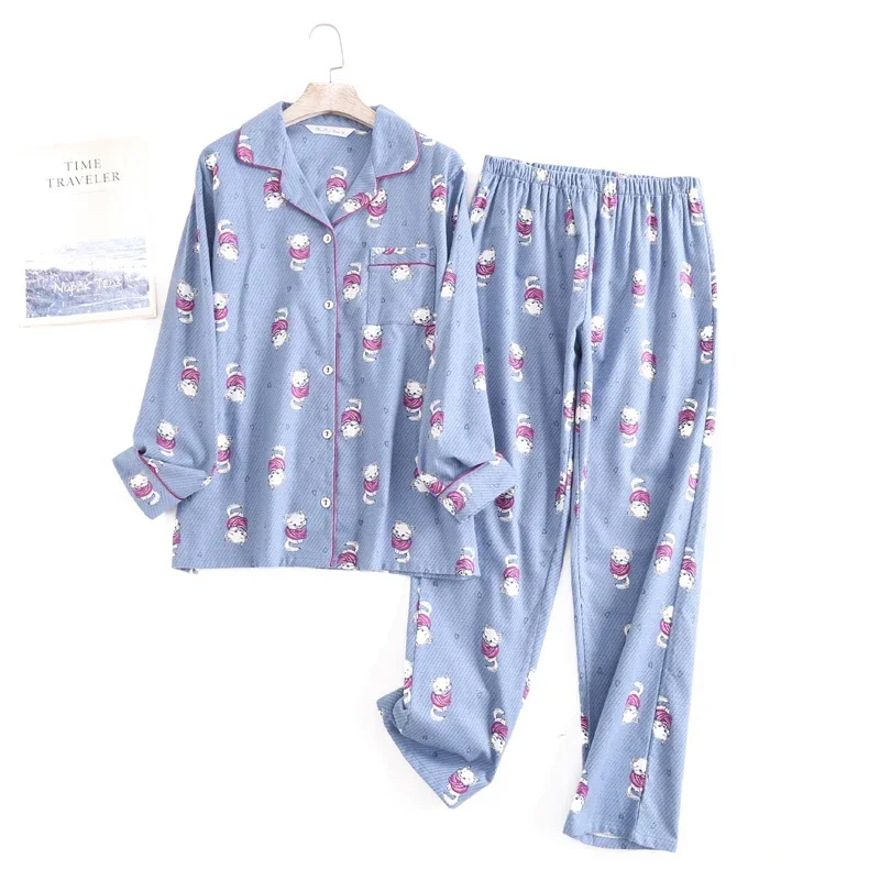 Cotton Flannel Quần Bộ Đồ Ngủ Bộ Đồ Mặc Nhà In Đơn Giản Rời Mùa Thu Đông Tay Dài Quần Pyjamas Nữ Bộ