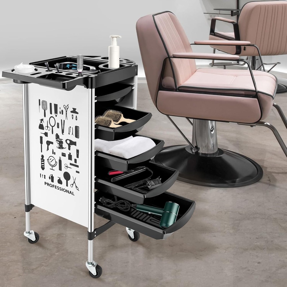 Friseurwagen mit 5 Schubladen und Rollen, Salon-Arbeitswagen, Trolley, Stylist, Friseur, Weiß