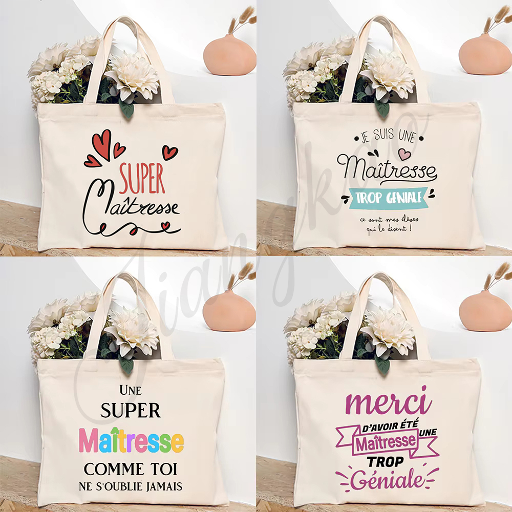 Bolso de hombro con estampado francés para mujer, bolsas de compras de lona, bolsos de mano reutilizables, los mejores regalos para Maitresse