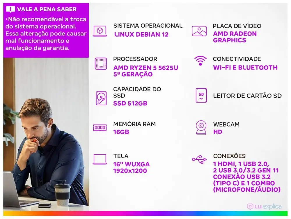 Notebook Vaio FE16 VJFE69F11X-B0711H AMD Ryzen 5 5625U 16GB RAM 512GB SSD 16" WUXGA Linux Debian 12 Widescreen 3344395