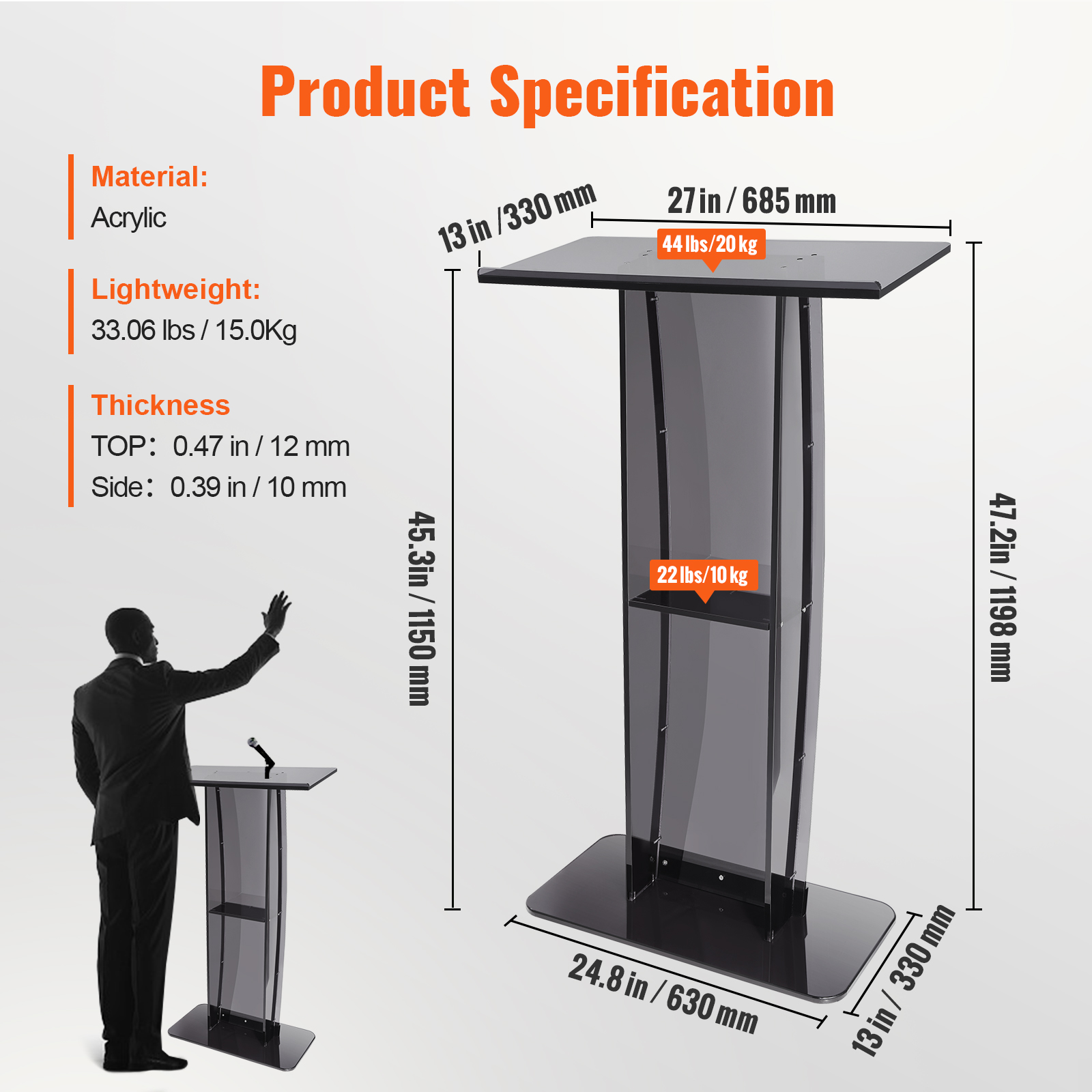 SucceBuy 47" Acrylic Podium Stand Floor-Standing Clear Pulpit Acrylic Desktop Lecterns w/ Storage Shelf for Church Office School