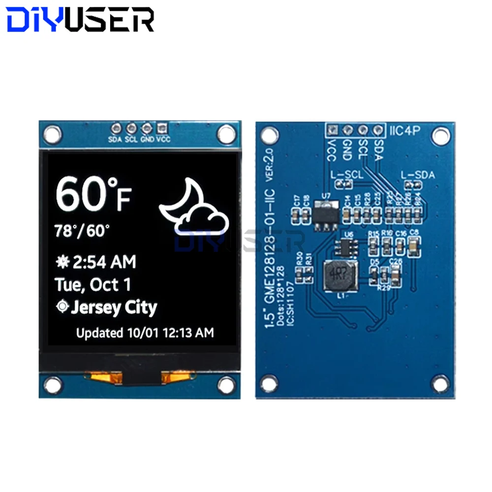 1,5 Zoll OLED-Anzeigemodul 128 x 128 Pixel SH1107 Treiber I2C IIC 4Pin für Arduino ESP32 Raspberry Pi