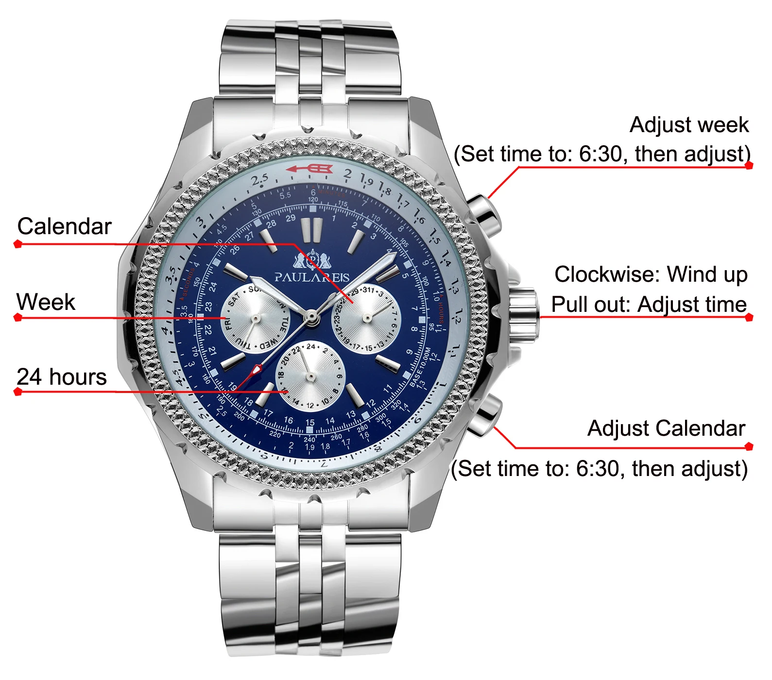 Automatic Self Wind Mechanical สแตนเลสสีดําสีน้ําตาลสีฟ้าสายหนังแท้กีฬาขนาดใหญ่ 50 มม.นาฬิกาผู้ชาย