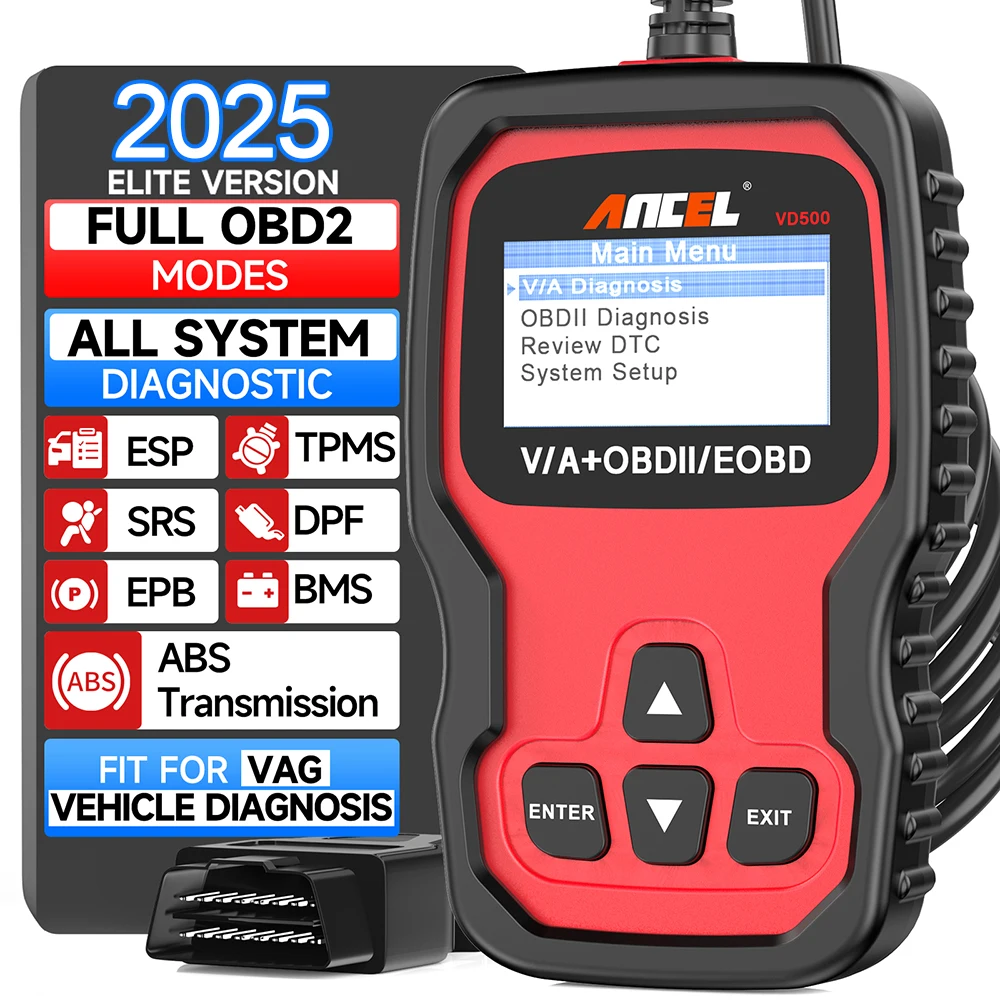 Ancel VD500 OBD2 Scanner para VW Leitor de código de carro Redefinição de óleo EPB DTC TP ABS SRS Ferramenta de diagnóstico de sistema completo para Audi para V.A.G