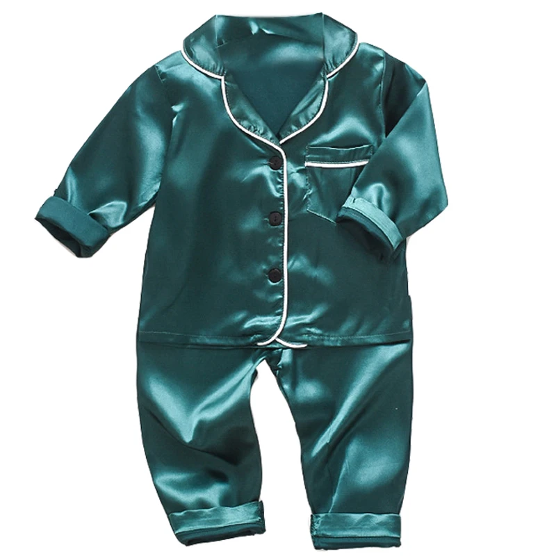 Versione coreana del pigiama per bambini set top a maniche lunghe in raso di seta + pantaloni set in tinta unita per bambina in due pezzi