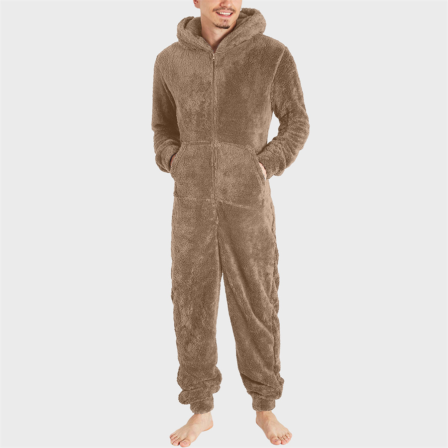 2025 hommes hiver chaud pyjamas ensemble hommes solide fermeture éclair une pièce vêtements de nuit à manches longues à capuche longue combinaison vêtements de nuit 5XL