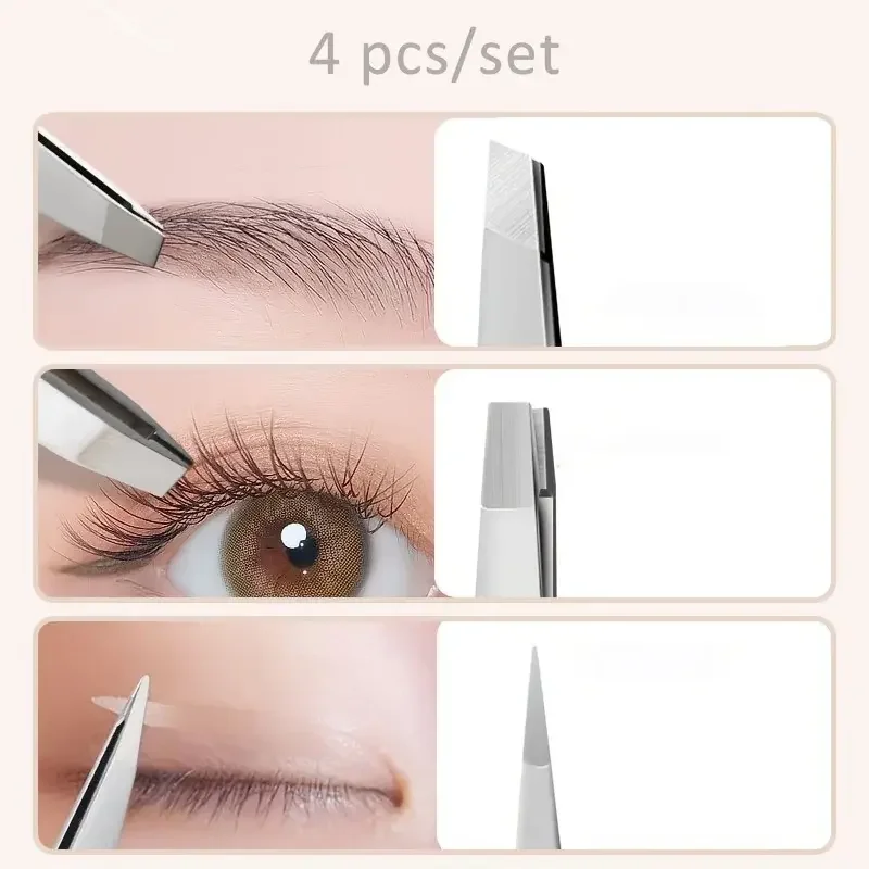 Juego de pinzas para cejas Ouriner, 4 Uds., pinzas para cejas de acero inoxidable, juego de herramientas de belleza profesional para el crecimiento interior del vello Facial