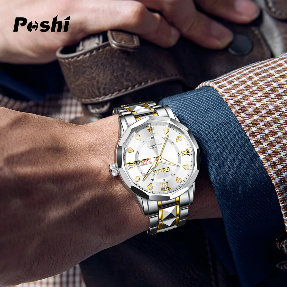 Poshi นาฬิกาผู้ชาย, นาฬิกาควอตซ์ปฏิทินคู่แบบไม่ใช้กลไกกันน้ำ