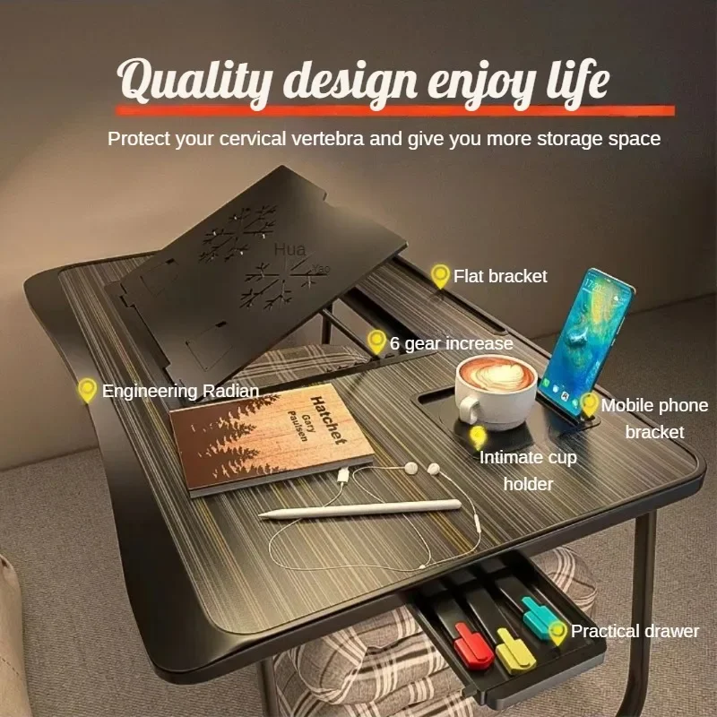 Foldable Laptop Desk for Bed with 6 Gear Adjustable Height Bracket Lap Table Breakfast Tray Desk with Drawer for Working Gaming