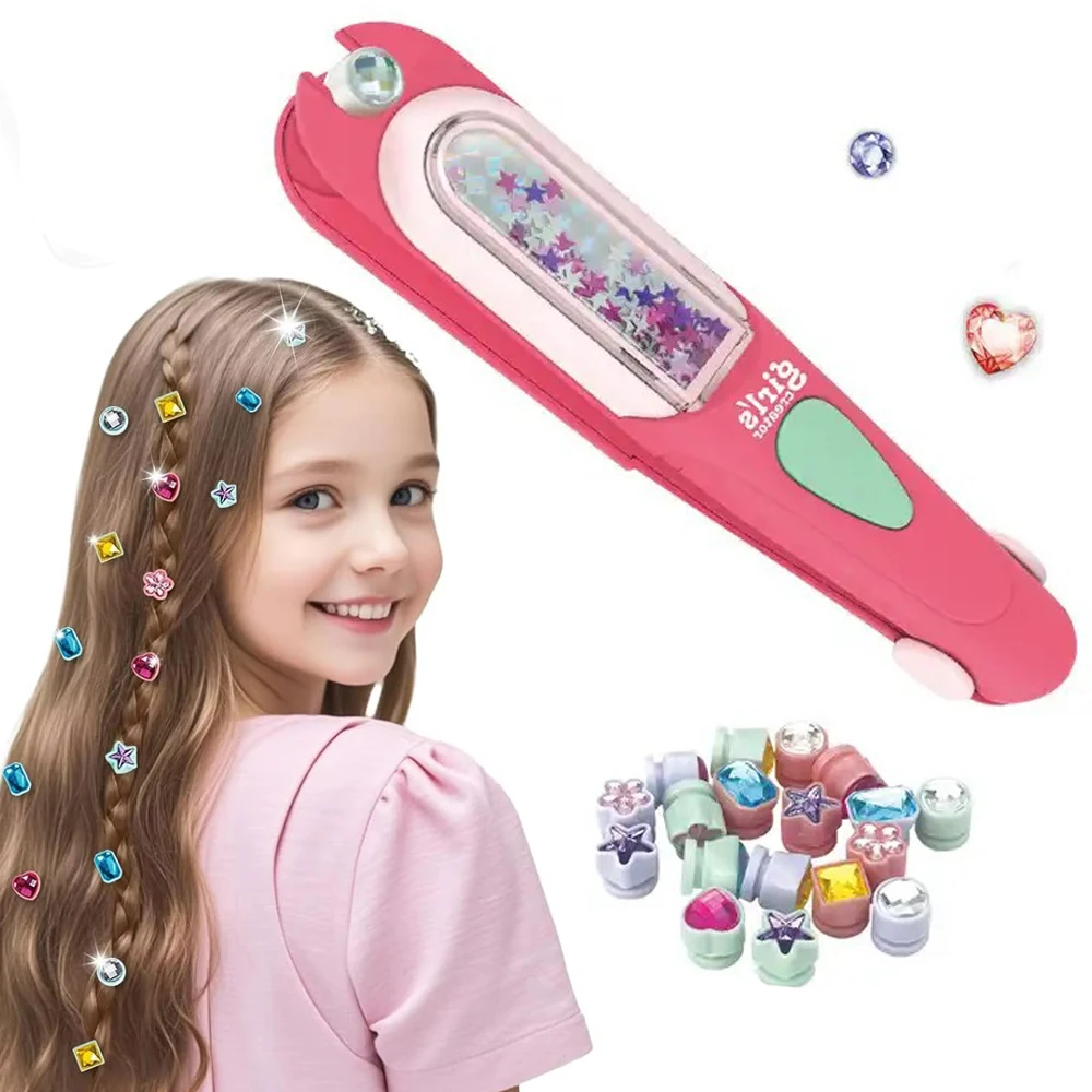 Kit de estampador de gemas para el cabello, joyas ostentosas para el cabello para niñas, juguetes, herramienta de peinado con diamantes brillantes reutilizables, juguete para juego de imitación, regalo