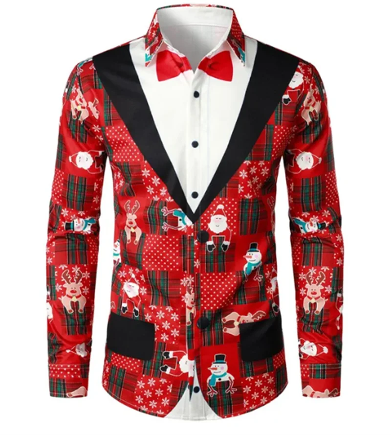 Camisa clásica con elementos de nieve navideños, camisa estampada de manga larga para hombre, camisa informal de moda, transpirable y cómoda para hombre