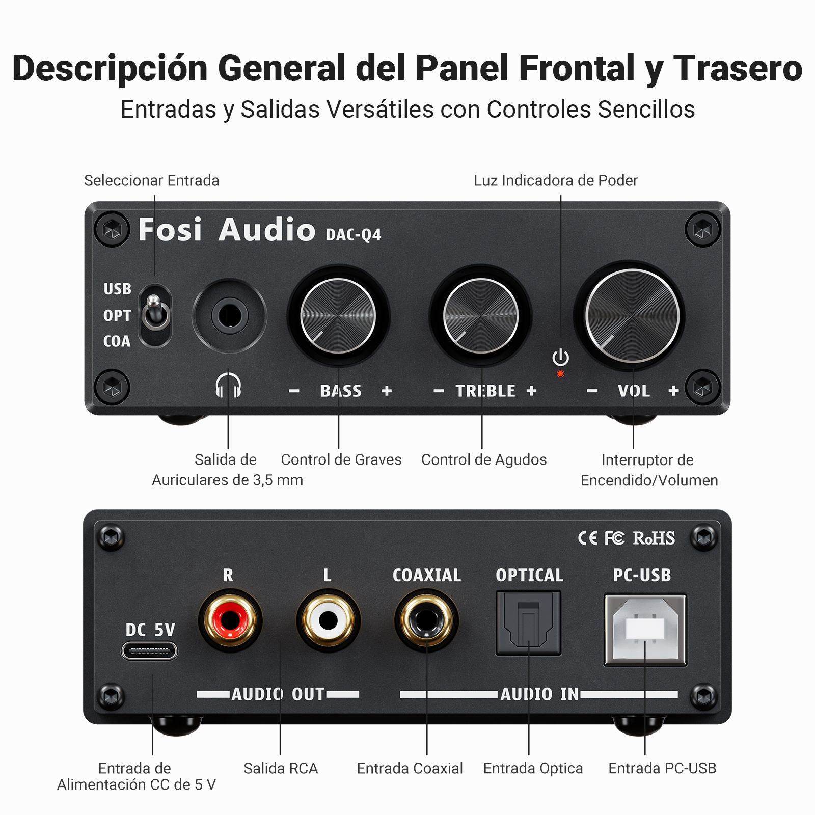 Fosi Audio Q4 Mini estéreo USB Gaming DAC y amplificador de auriculares Adaptador convertidor de Audio para el hogar/escritorio alimentado/altavoces activos