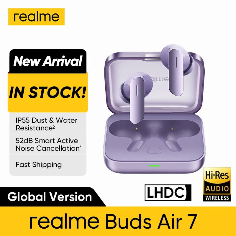 Wersja globalna realme Buds Air 7 52dB Inteligentna aktywna redukcja szumów 12,4 mm Głośnik niskotonowy Bluetooth5.4 360° Przestrzenny efekt dźwiękowy Słuchawki IP55