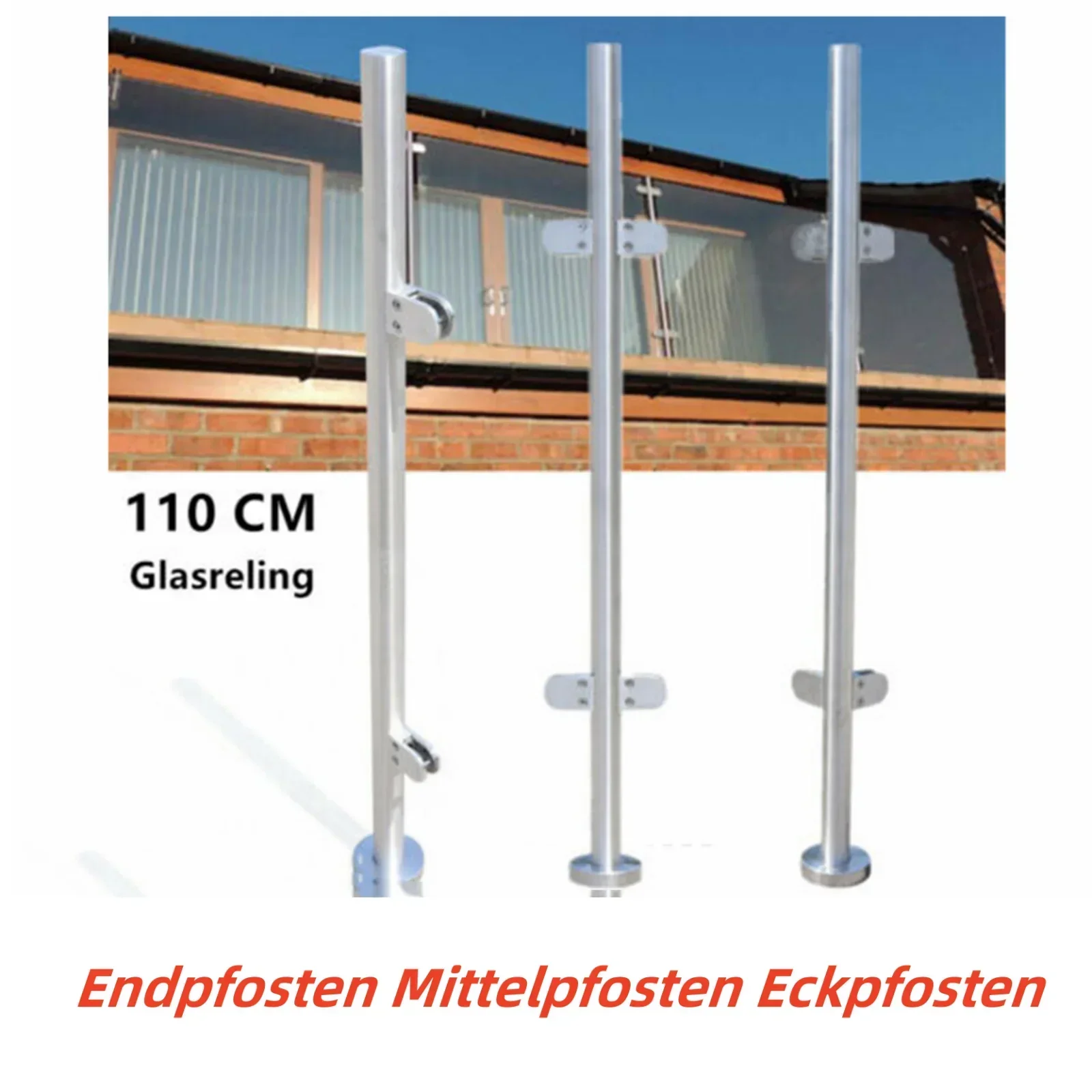 Glasgeländerpfosten, Treppen, Pool, Zaunpfosten, Balustrade mit Gummipolstern, Geländerpfosten, Edelstahl 316, Glasclip (43 Zoll), mittlere Pfosten)