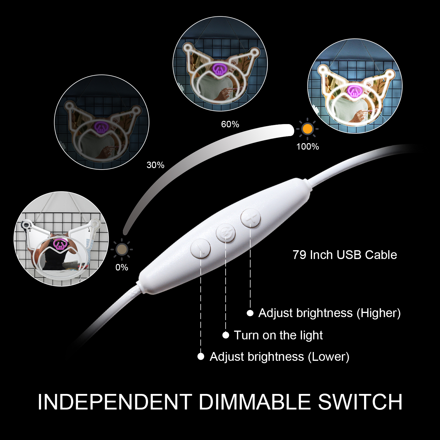 Sanrio Kuromi 보라색 장식 거울 네온 불빛 밝기 조절 가능한 장식 룸 테마 침실 메이크업 거울 생일 선물