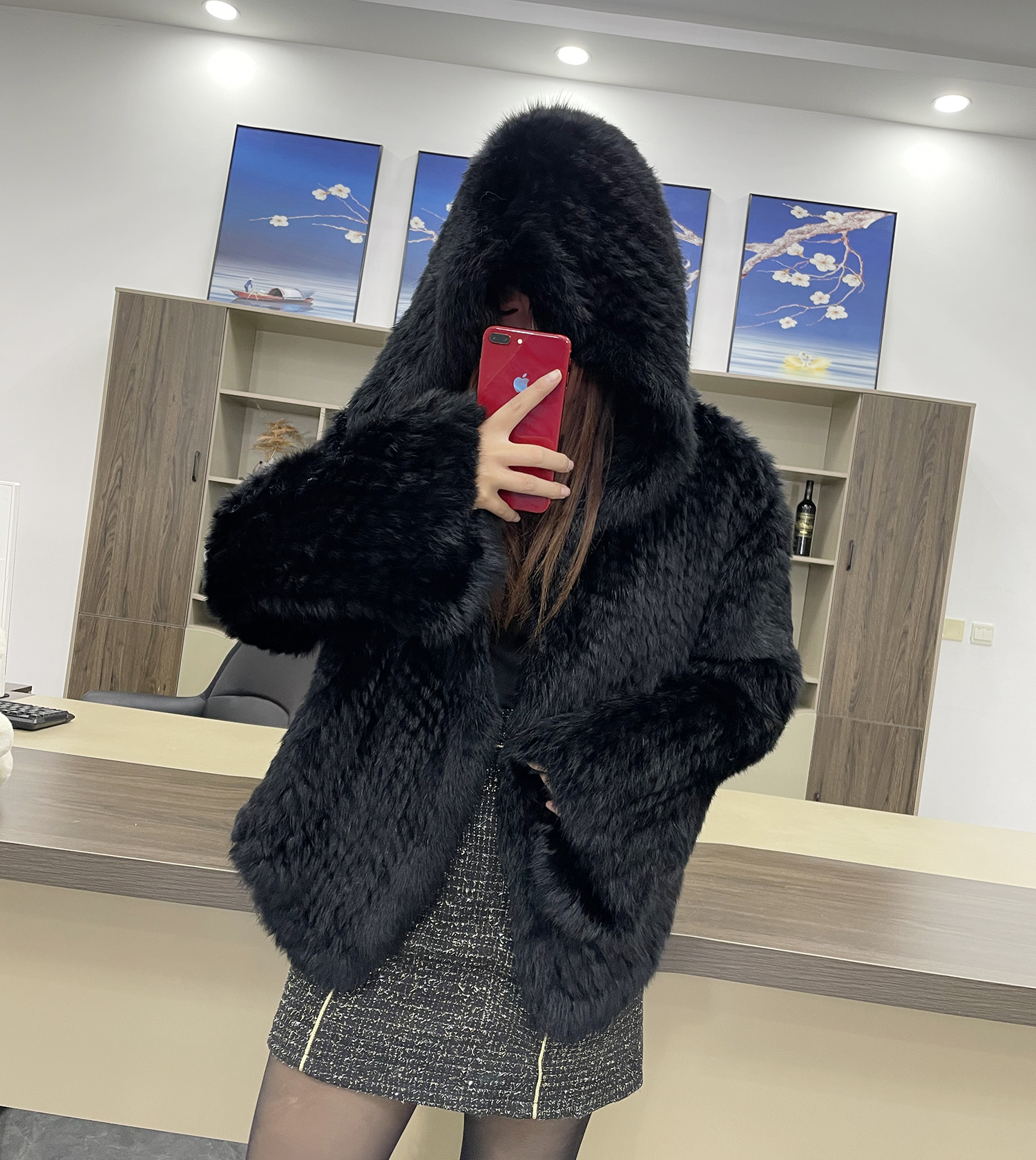 MPPM-Casaco com capuz de pele de coelho natural feminino, pele de coelho real, jaqueta manga comprida casual solta