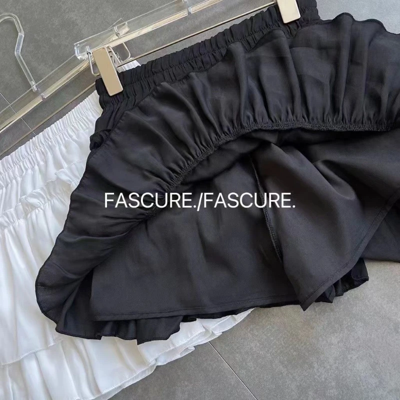 Estate Kawaii Bianco Rufflles Gonna Moda Donna Slim Fit Mini Gonne in chiffon Giris Y2k Tutti i fiammiferi Elastico a vita alta Nero Gonne