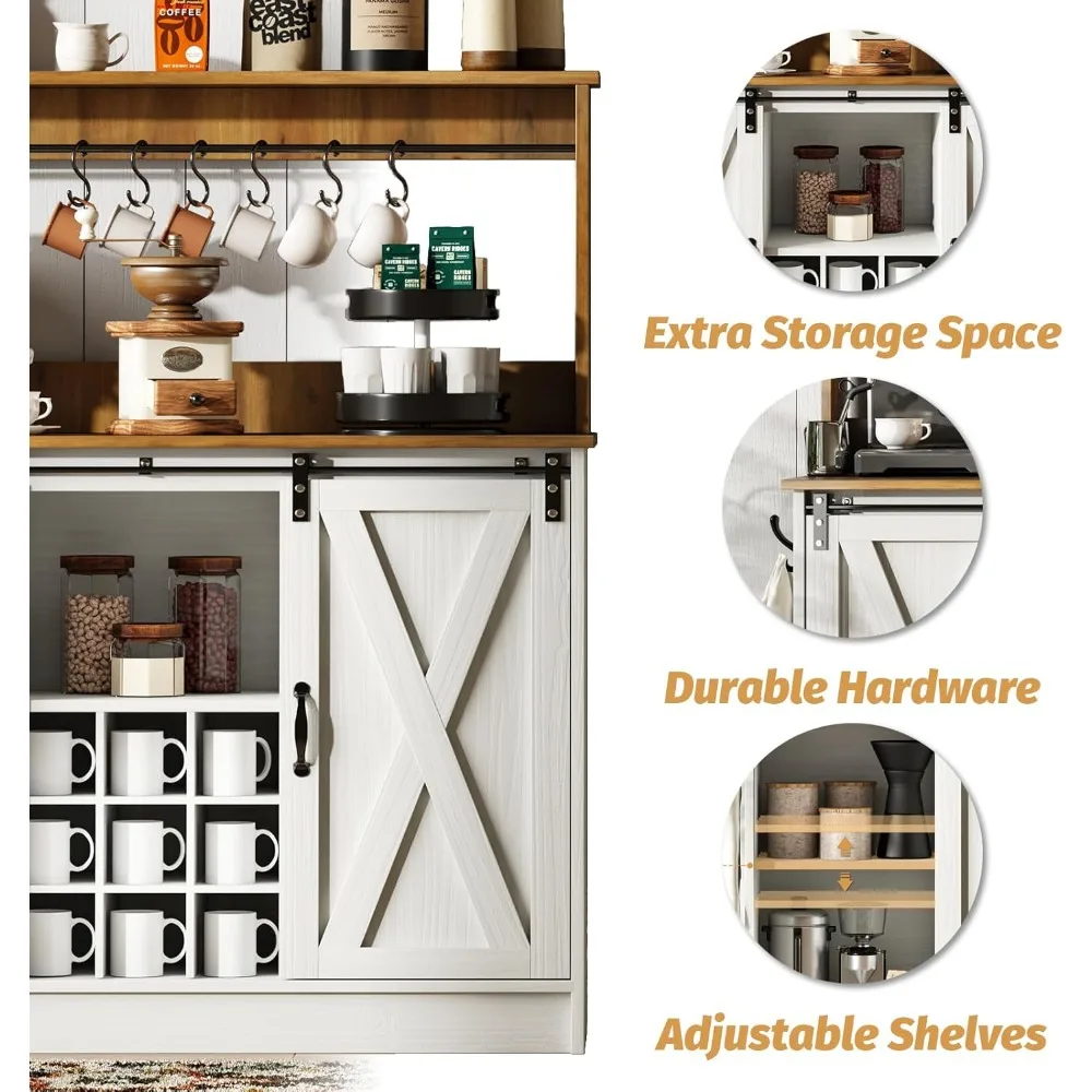 Bar bar cabinet with storage space with 6 hooks, white bar bar table with sliding barn door and adjustable living room shelf