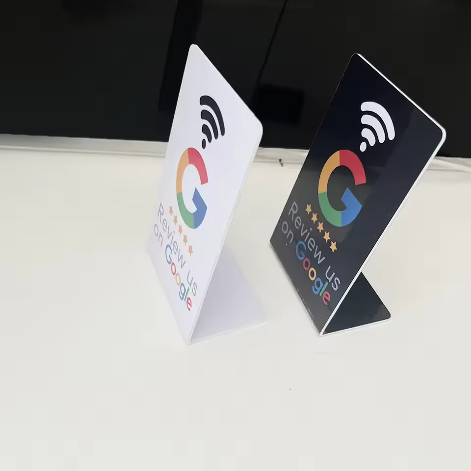 Cartão de revisão google programável 13.56mhz mesa de estação nfc nfc google comentários exibir cartão dobrável suporte de marca