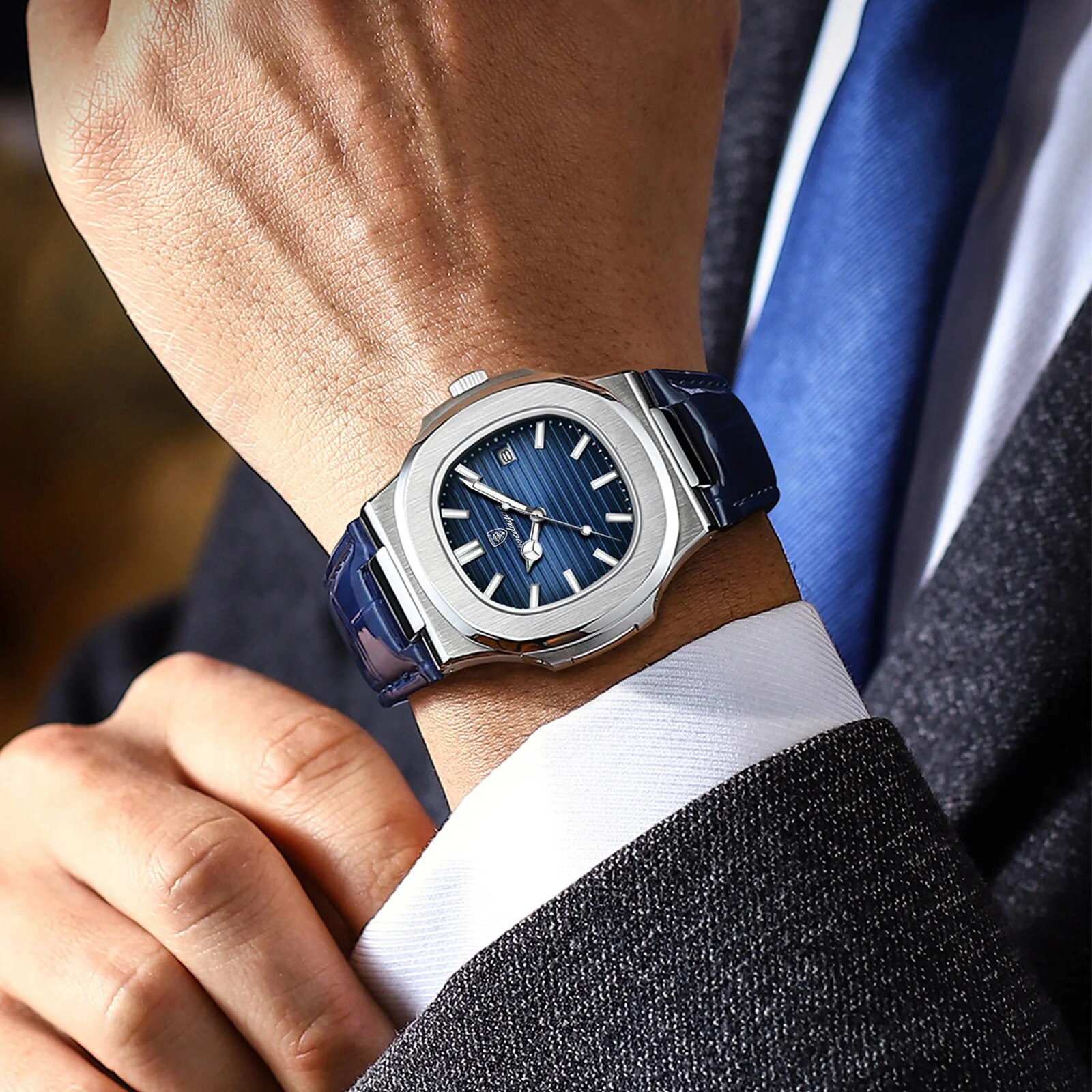 POEDAGAR Top Luxury Square Orologio da uomo Data Orologio da polso da uomo luminoso impermeabile Orologi al quarzo da uomo in pelle di alta qualità + Box Reloj