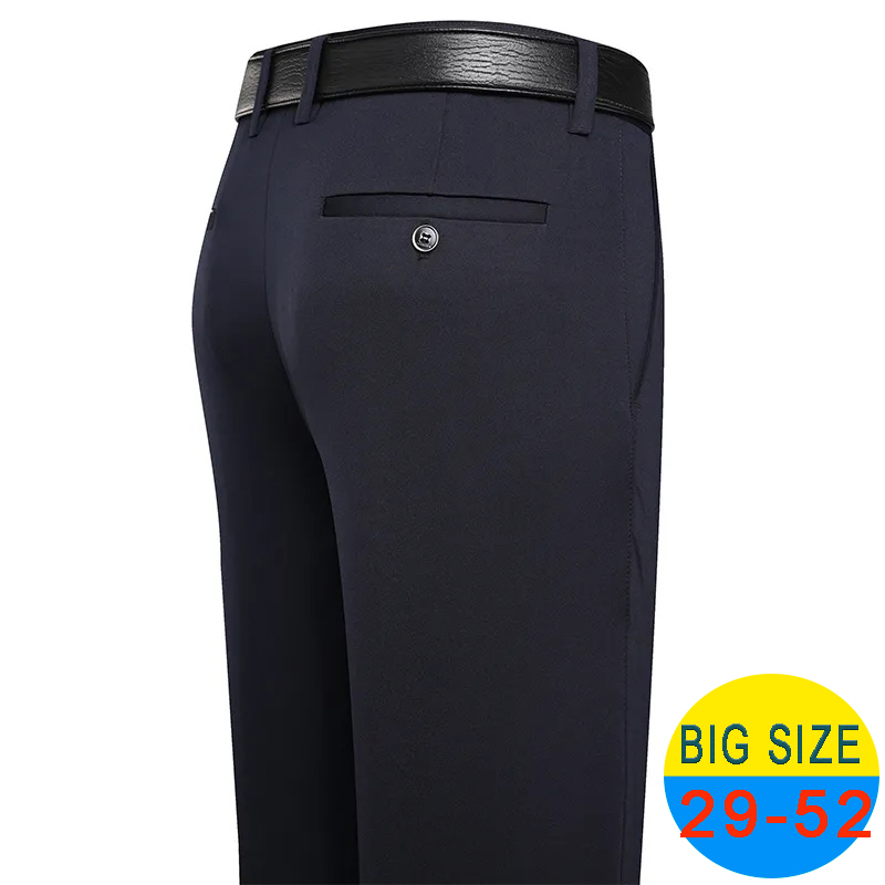 Primavera verão calças casuais masculinas calças de terno elástico calças de negócios formais plus size 46 48 clássico azul marinho