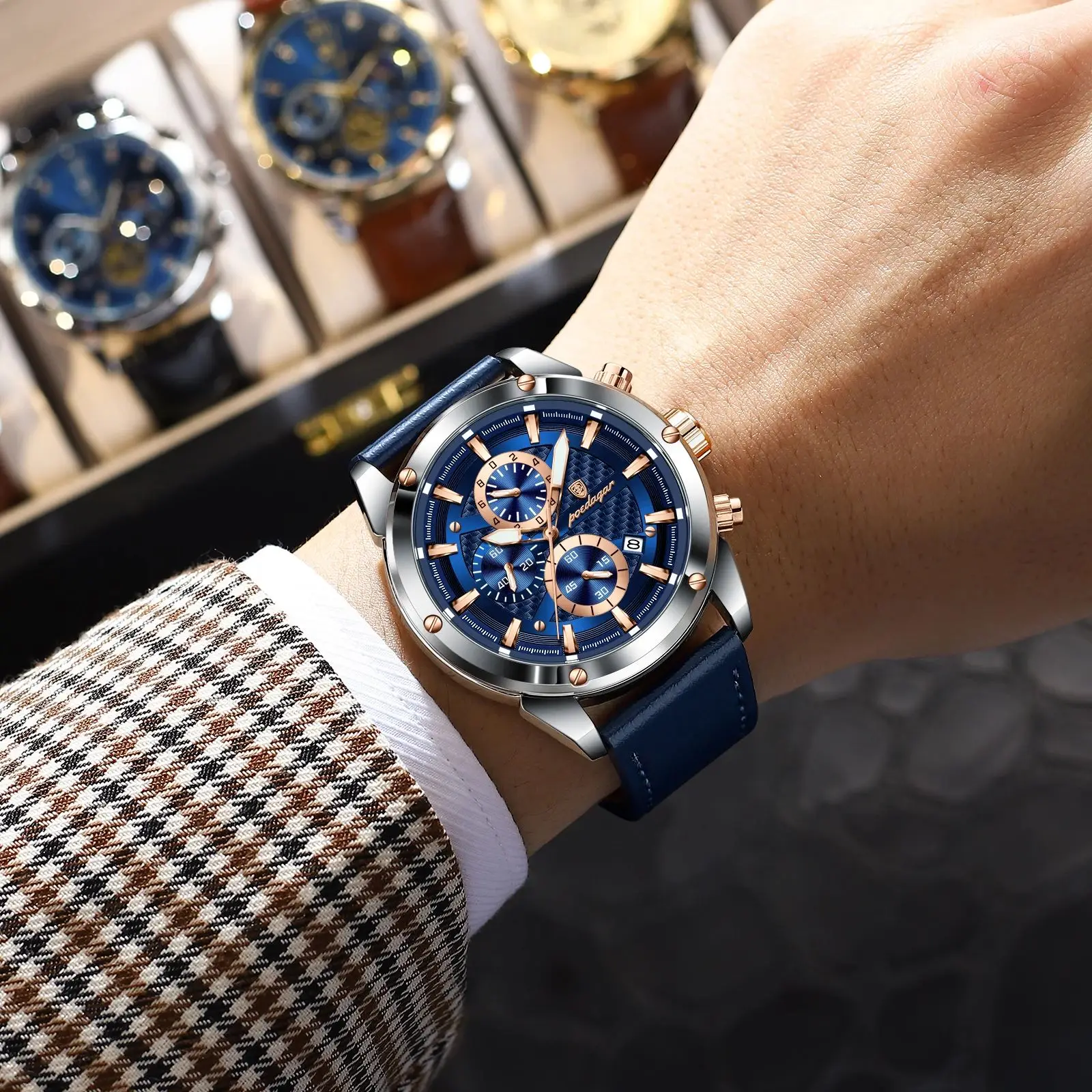Reloj de pulsera POEDAGAR deportivo de lujo para hombre, Reloj militar de cuarzo para hombre, cronógrafo luminoso resistente al agua con fecha, relojes de cuero para hombre