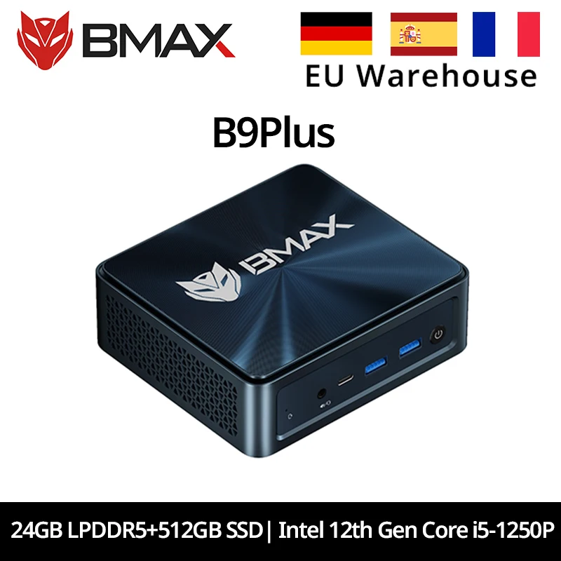 BMAX B9 Plus Mini PC Intel Core i5-1250P 12 cores Max. 4,4 GHz 24 GB LPDDR5 RAM 512 GB SSD WiFi 6 Bluetooth 5.2 USB Type-C