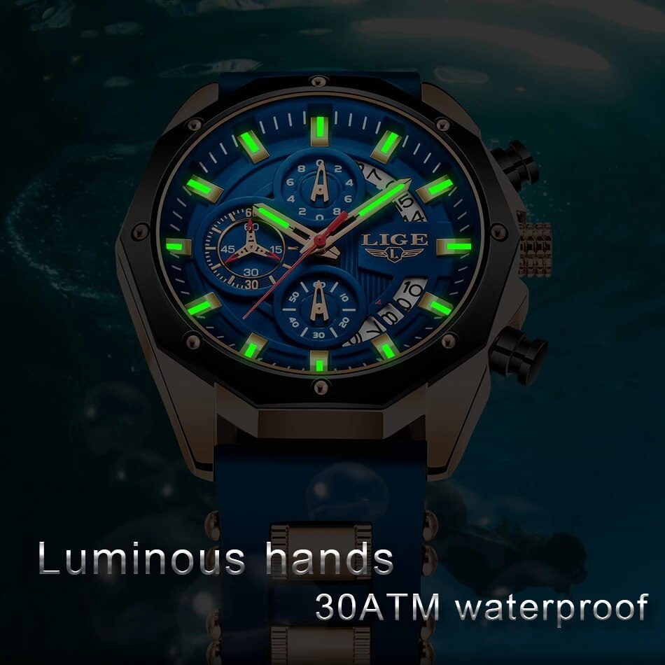 Lige mode herren uhren top marke luxus silikon sport uhr herren quarz datum uhr wasserdicht armbanduhr chronograph uhr mann