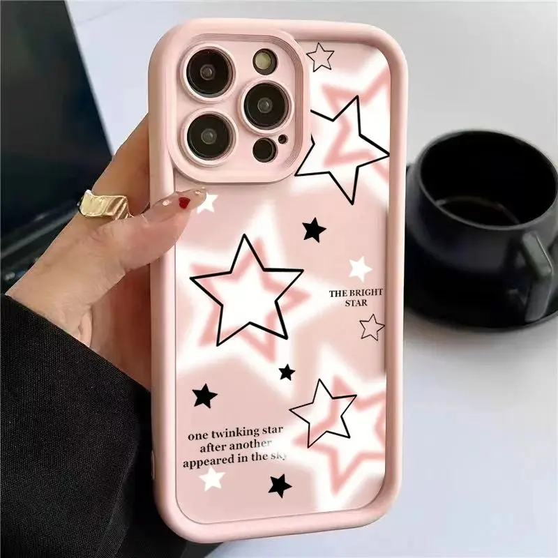 Casing silikon bintang merah muda lucu, penutup HP tahan guncangan untuk iPhone 15 14 Pro Max 13 12 11 Pro Max X XS XR 7 8 15 14 Plus SE 2024
