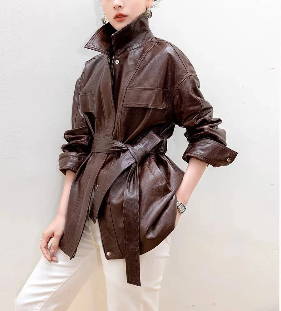 Tenues 2025 nouveau coupe-vent en cuir de cire d'huile importé femmes rétro marron décontracté mi-longue veste avec ceinture Abrigo Mujer
