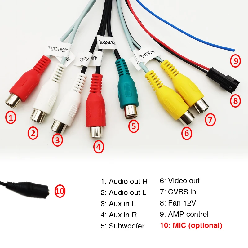 Cable de audio RCA de 20 pines, con salida de subwoofer, vídeo CVBS, entrada auxiliar, control de amplificador, conector de ventilador, conector de micrófono, para Android de coche de 16 pines
