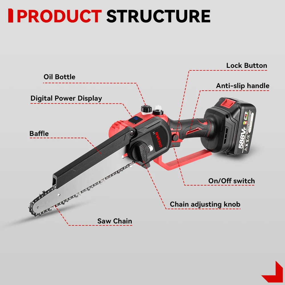 ONEVAN Brushless 8 นิ้วเลื่อยไฟฟ้าอัตโนมัติ Oiler มือถือสวน Pruning Chainsaw งานไม้เครื่องมือสําหรับ Makita 18V แบตเตอรี่ Pin