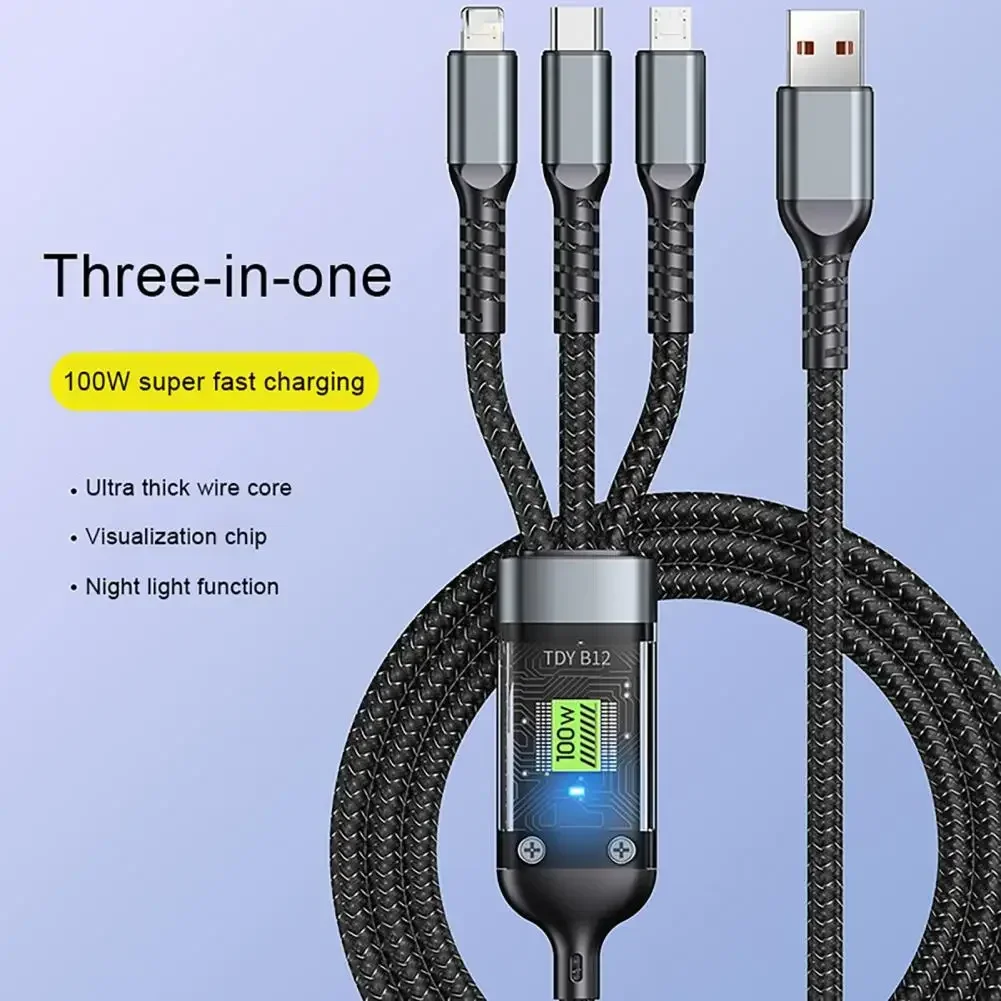 3in1 100Wケーブル 5A急速充電USB - Type-C Micro USBデータ転送コード Samsung Xiaomi iPhone対応 急速充電USB Type-Cケーブル