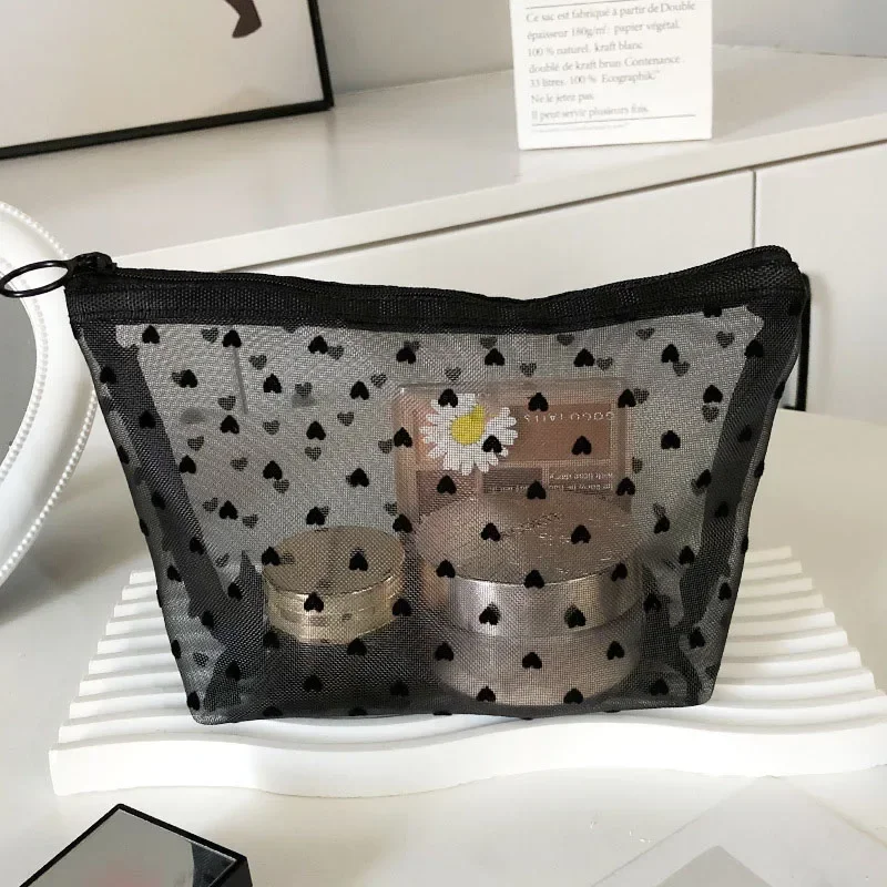 Borsa per cosmetici da donna Borsa per toilette Borsa da toilette per donna Rossetto Chiave Moneta Organizzatore Borse Borsa Cuore Borsa per trucco in rete trasparente