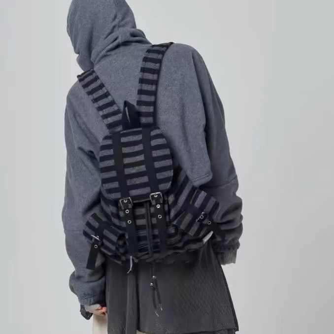 Korean Sle Retro Striped Large Capaci Double Shoulder Bag Casual Student Backpack for Class And Leisure Unisex Nylon Bag