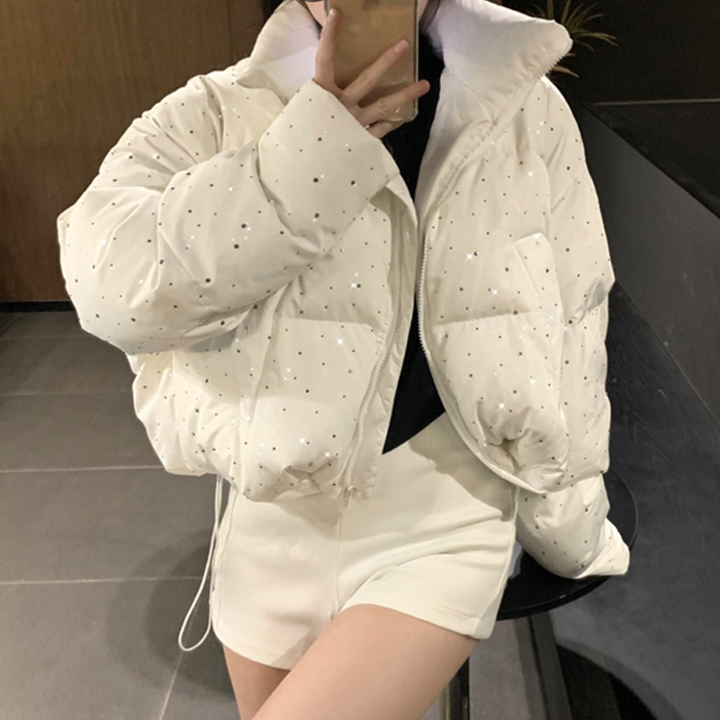 ZAROY Jaqueta feminina de algodão grosso e quente com strass inverno casual gola com zíper bolso para baixo casaco puffer anuртка