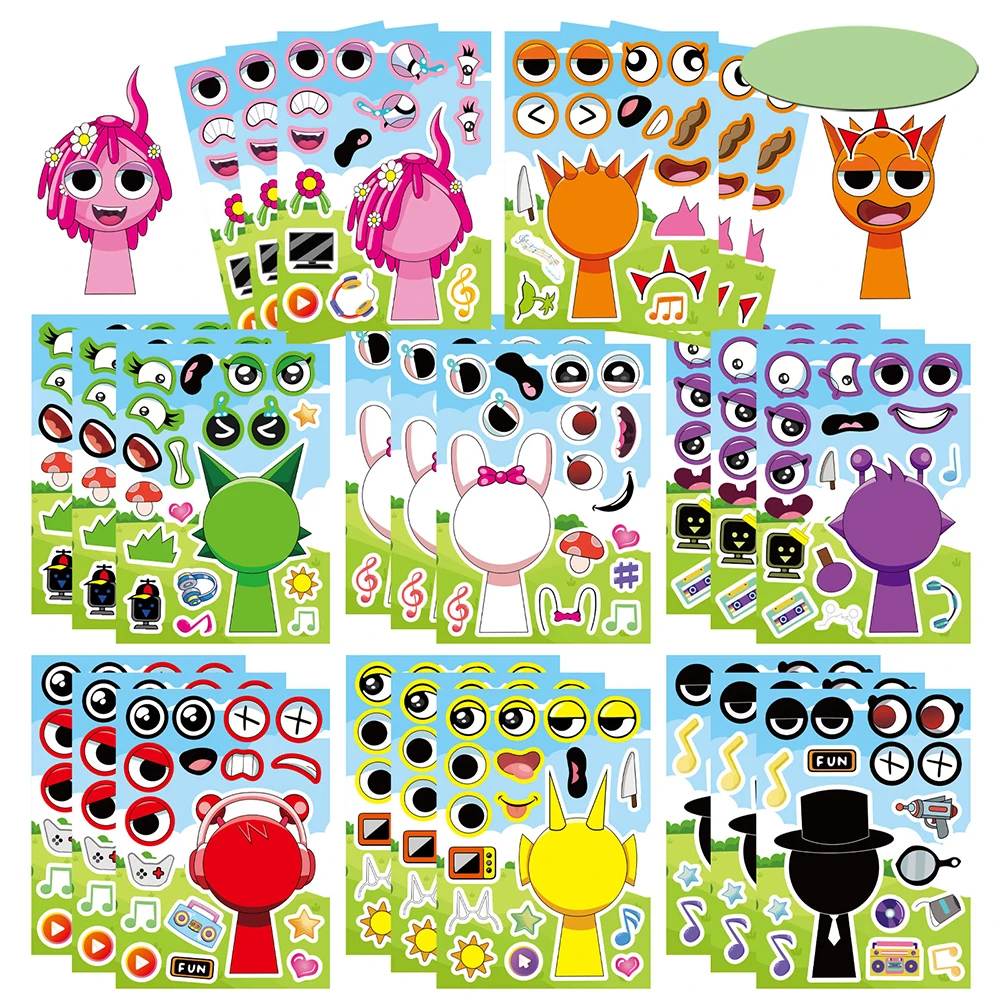 8/16 Lenzuola Anime Sprunki Divertente Puzzle Adesivo Crea un Viso Decalcomanie Gioco Giocattoli Per Bambini Del Fumetto Assemblare Puzzle Per Bambini Regalo Del Partito