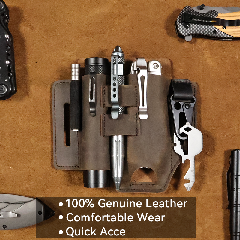 RIYAO-Couro genuíno Bainha Multitool para cinto com fivela, EDC Organizer Pouch, ferramenta de trabalho ao ar livre, saco de cintura, lanterna para homens