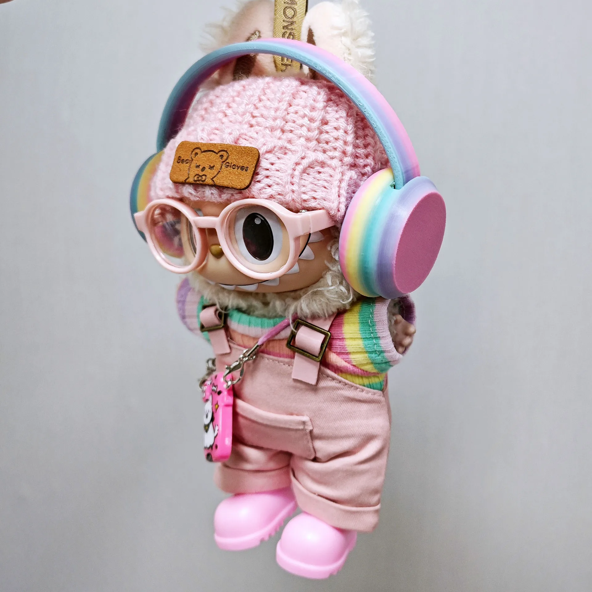 Labubu-Kleidung Rosa Overalls, bunte Kopfhörersets, regenbogenfarbene Faltenrock-Kleidung, Labubu-Zubehör (keine Puppen)
