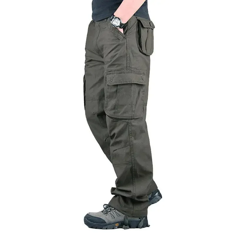 Estilo quente, elegante, calças de trabalho masculinas com vários bolsos, calças soltas, calças retas casuais de seguro de trabalho plus size