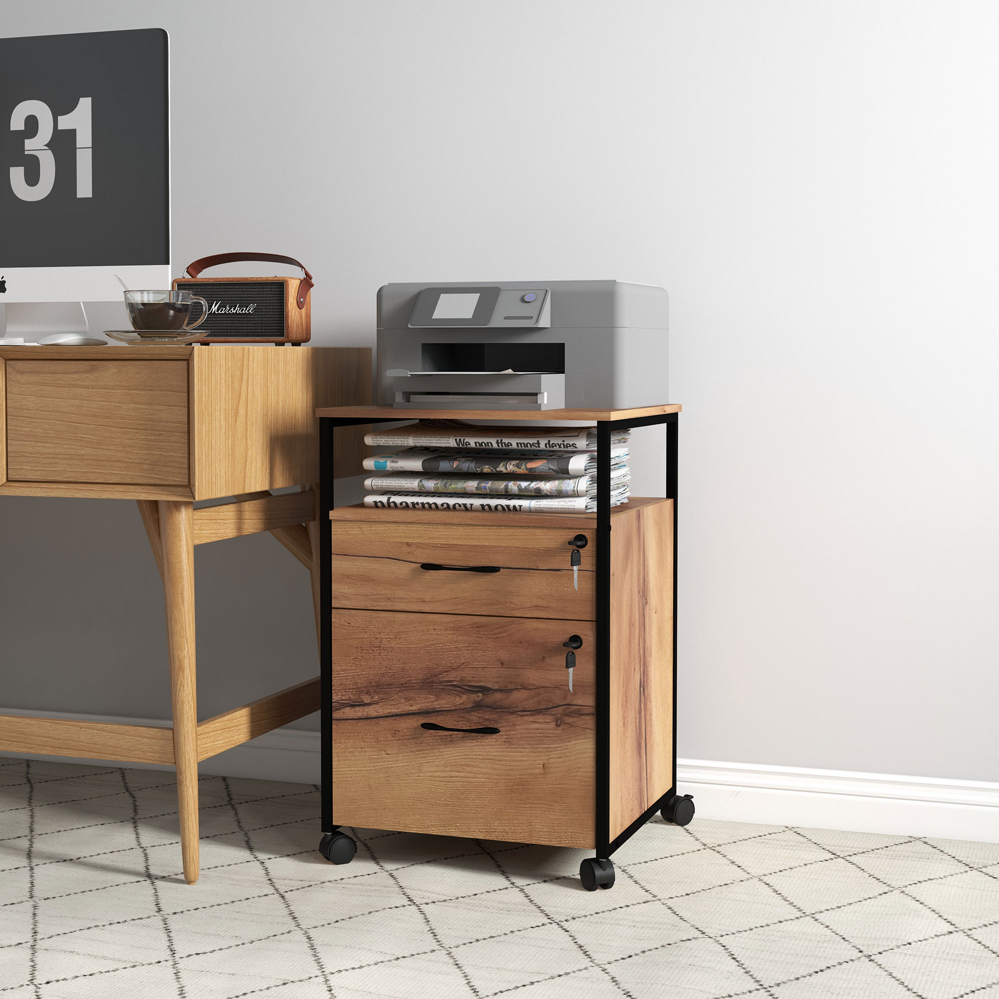 Vinsetto cassettiera per ufficio con serratura a ruote 44x40x66,5 cm marrone rustico