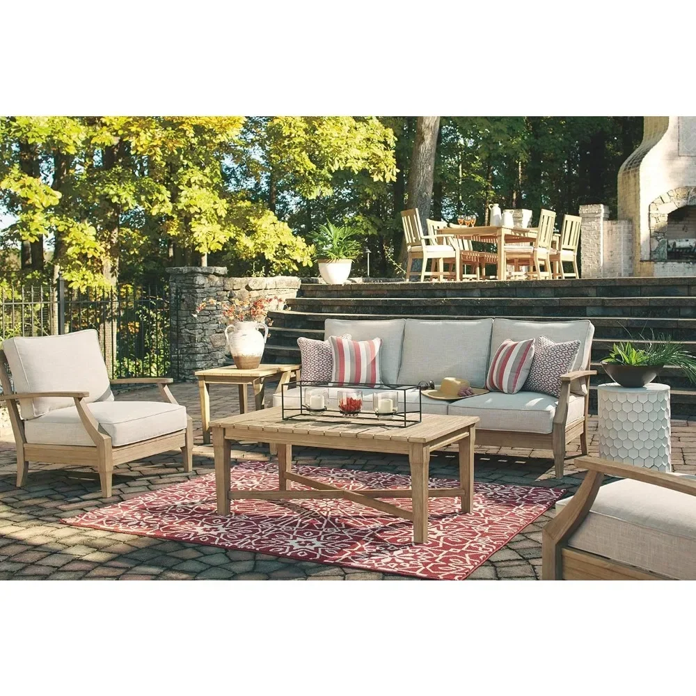 Outdoor Sofa,Clare View Coastal Outdoor Patio Eucalyptus Sofa with Cushions, Beige35"D X 81"W X 37"H,Outdoor Sofa