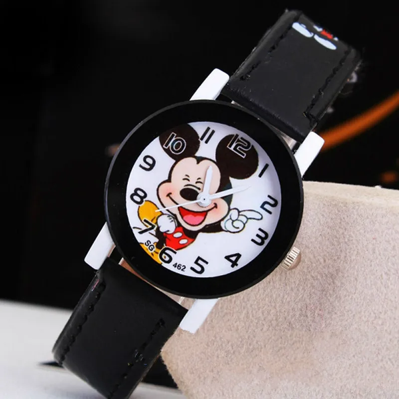 นาฬิกาการ์ตูนนักเรียนเด็กน่ารัก Mickey Mouse นาฬิกาเด็กชายหญิง Pu หนังนาฬิกาข้อมือควอตซ์นาฬิกาของขวัญวันเกิด