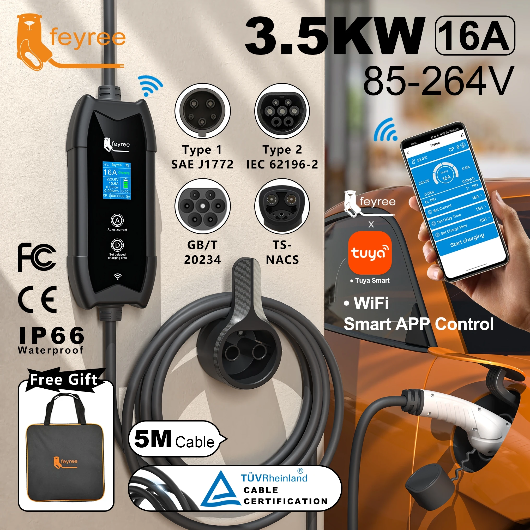 feyree Type2 Ładowarka EV WIFI APP Control 16A 3.5KW GBT 5M Kabel Type1 Przenośna ładowarka Zestaw ładowania i opóźnienia czasowego dla samochodów EV
