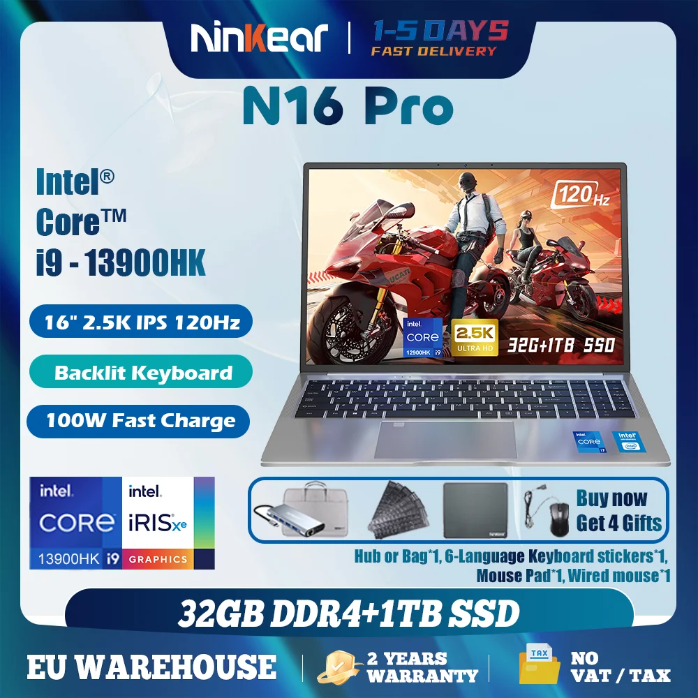 Ninkear Gaming-Laptop N16 Pro 16-Zoll Intel Core i9-13900HK 14 Kerne 20 Threads Bis zu 5,4 GHz 32 GB Dual Channel DDR4+1 TB PCIE SSD 2,5 K Ultra HD IPS 120 Hz Aktualisierung 0,3 s Fingerabdruck-Entsperrung Hohe Leistung