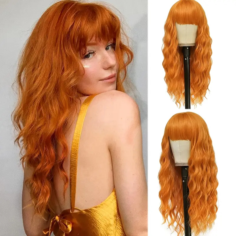 Oranje grote golf 28-inch synthetische pruik, dagelijkse feestpruik, Halloween en kerstfeest, rollenspel zijden pruik op hoge temperatuur